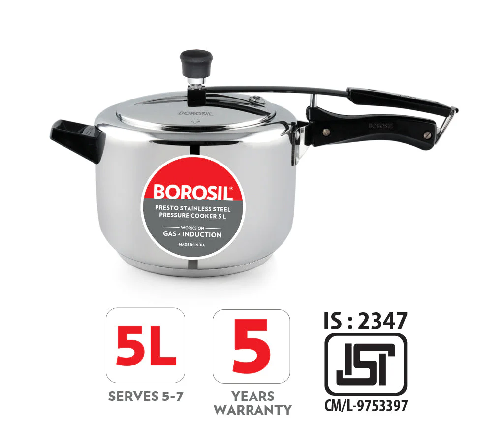 Borosil Presto SS Pressure Cooker, 5L