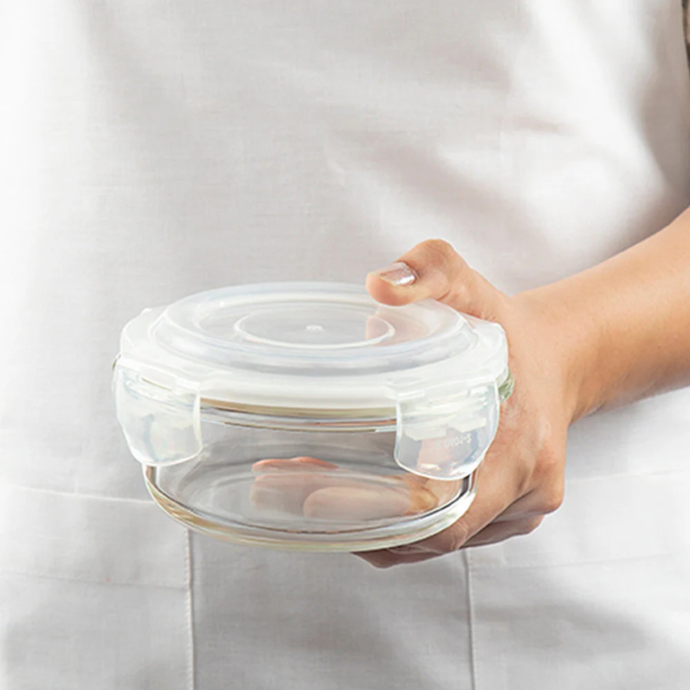 Foodluck Olive Glass Lunch Box, Round x 4, Set of 4 (400ml x 2 + 240ml x 2)
