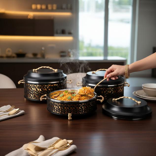 3 Piece Thermos Hot Pot Set Black & Gold Full Metal