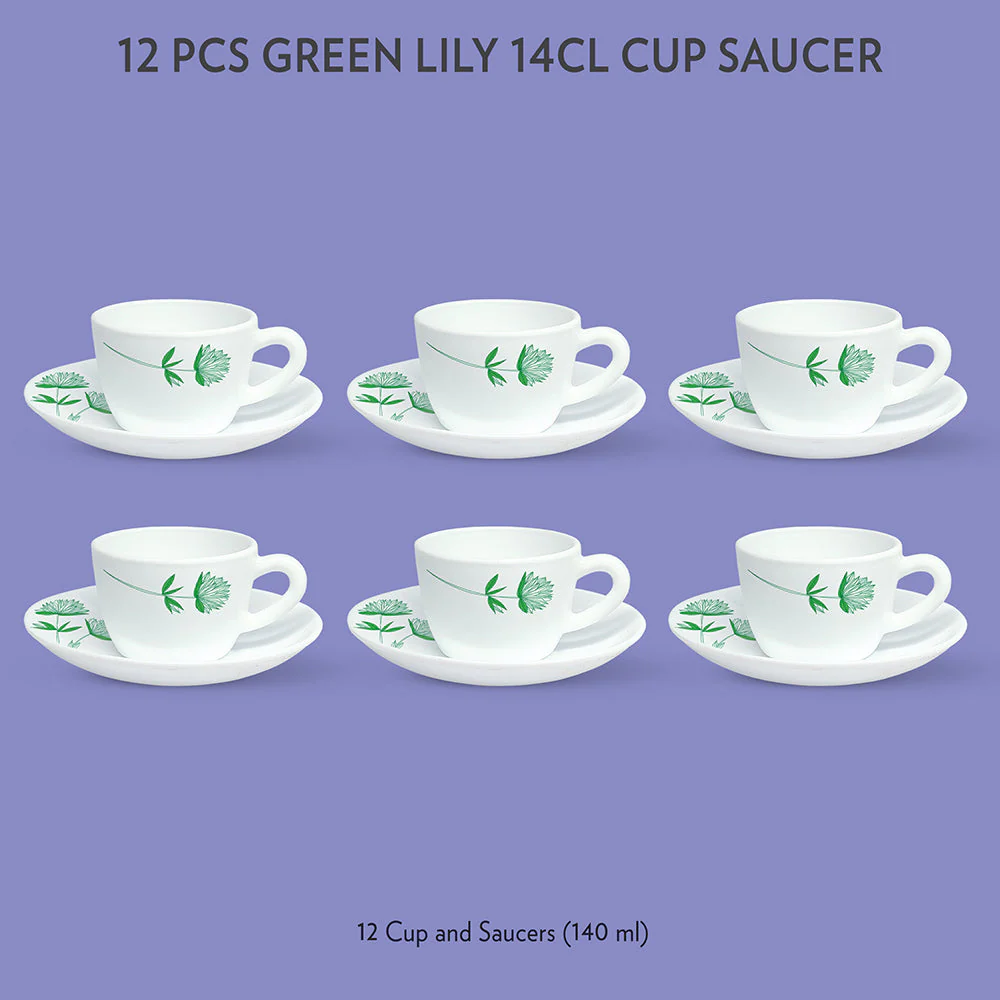 Larah by Borosil Green Lily Cup n Saucer Set, 140ml x 12