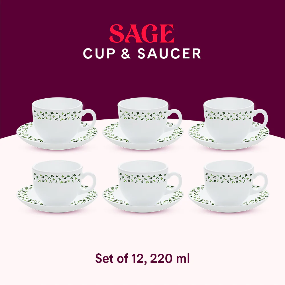 Larah By Borosil Sage Cup n Saucer Set, 220ml x 12