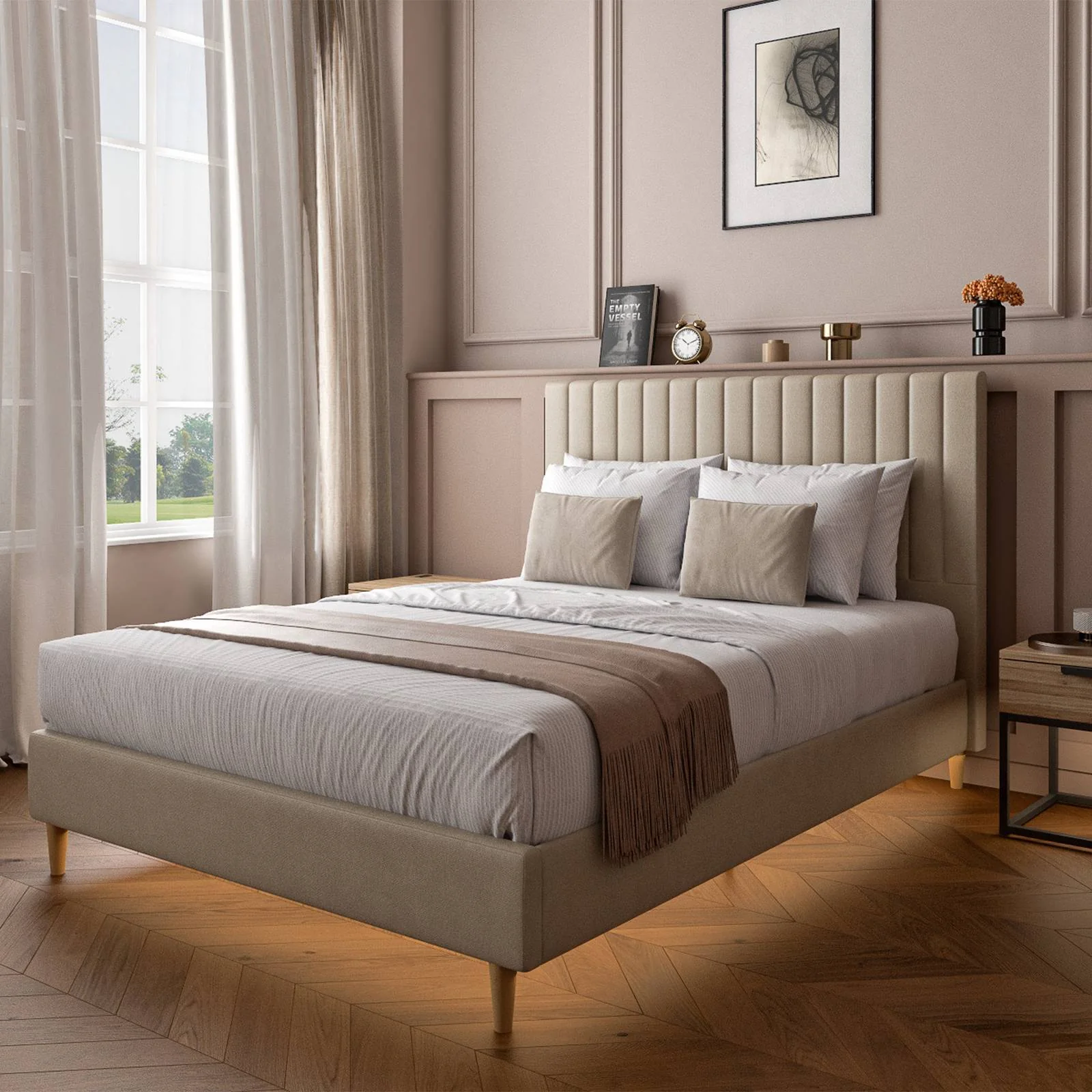 Maisie Upholstered Velvet LED Bed - Natural Stone (2 Sizes)