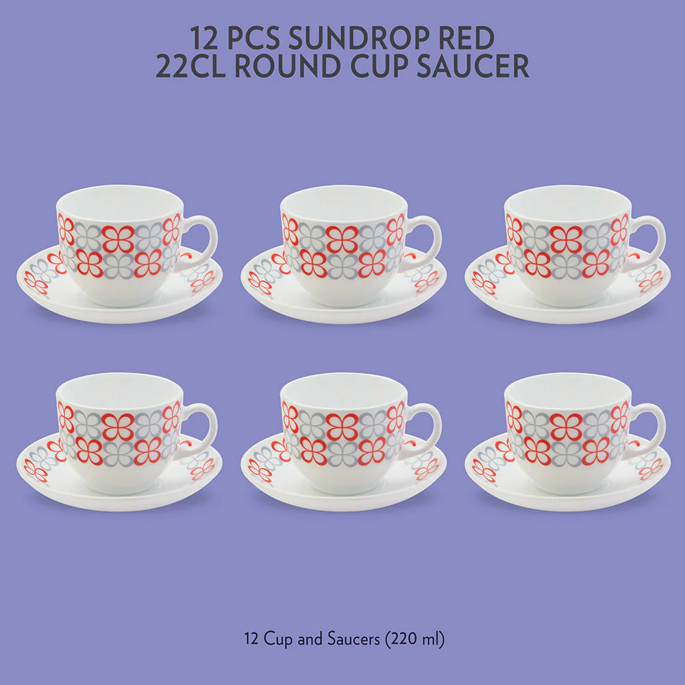 Larah by Borosil Sundrop Red Cup n Saucer Set, 220ml x 12