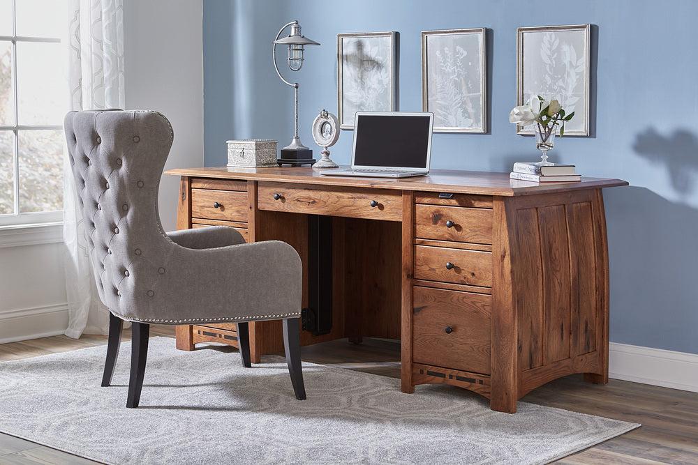 Amish Boulder Creek Sit to Stand Double Pedestal Seven Drawers Desk with Finished Backside and Curved Top