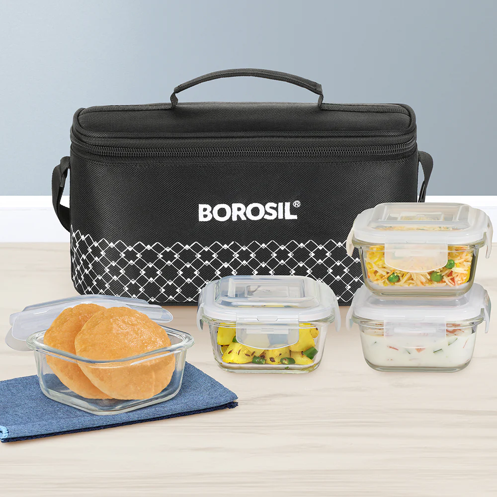 Borosil Zeal Black Lunch Bag, Square x 4
