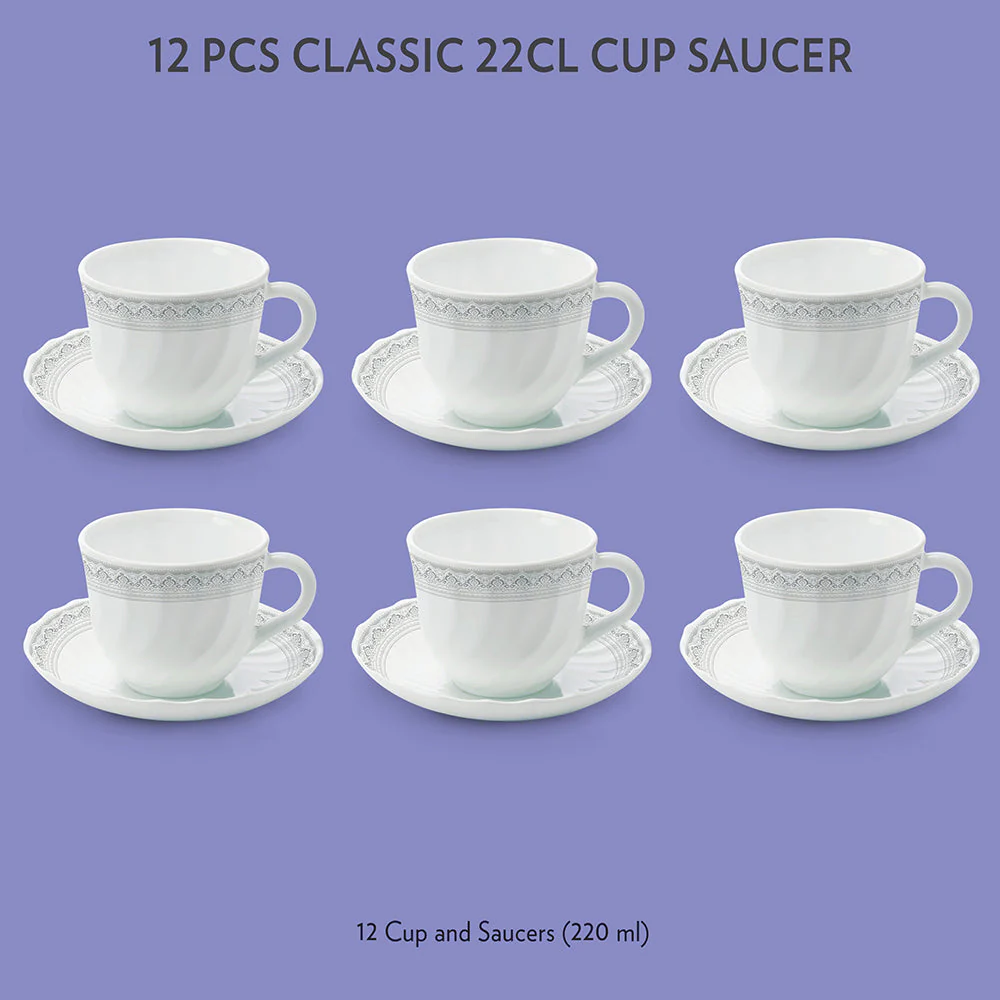 Larah by Borosil Classic Cup n Saucer Set, 220ml x 12