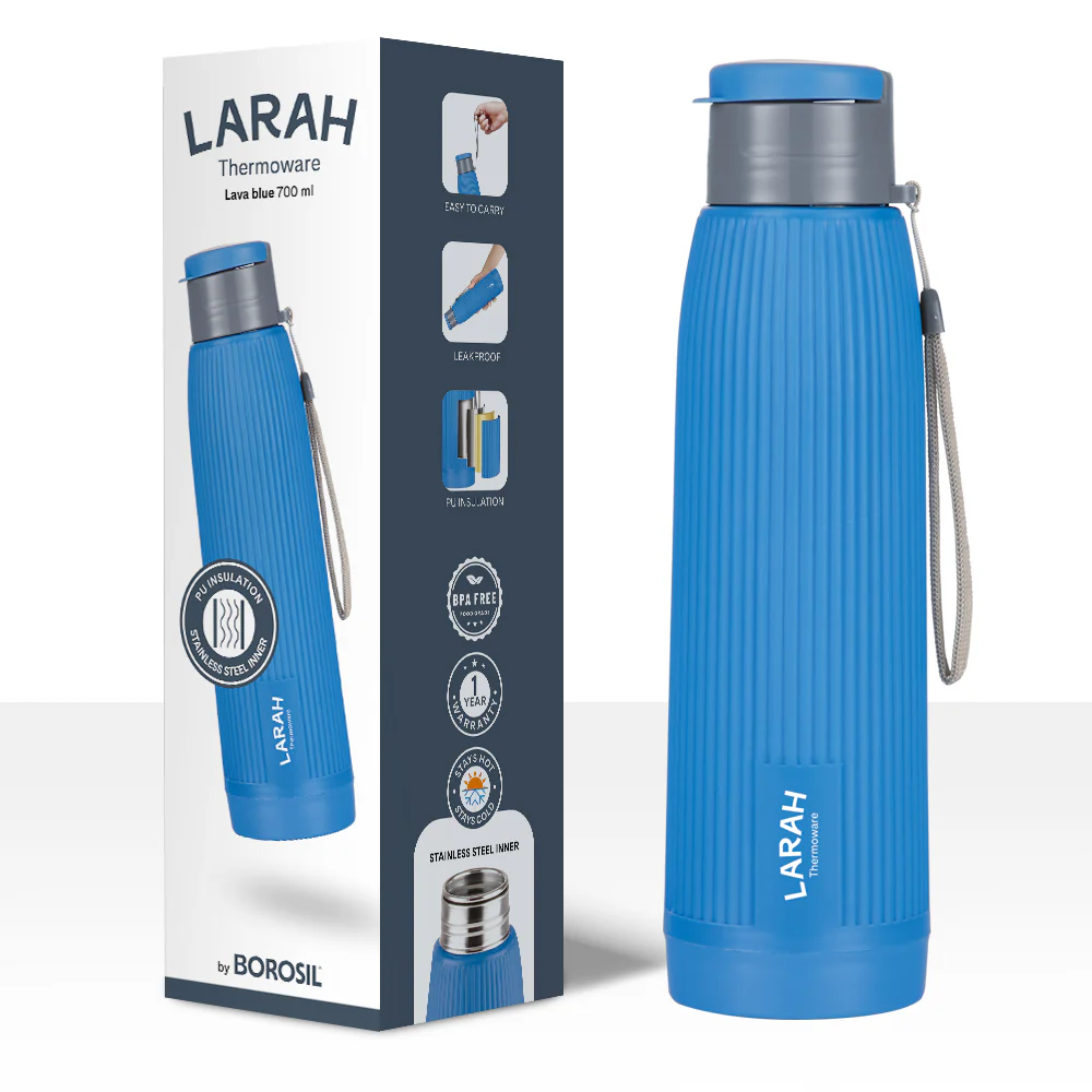 Larah Lava Fluted PU Thermoware Bottle, 700 ml, Blue