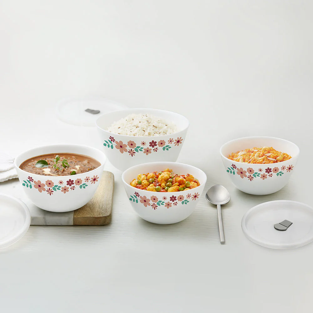 Larah by Borosil Assorted Mixing Bowl Set w Lid, 1.5L + 1L + 750ml + 500ml