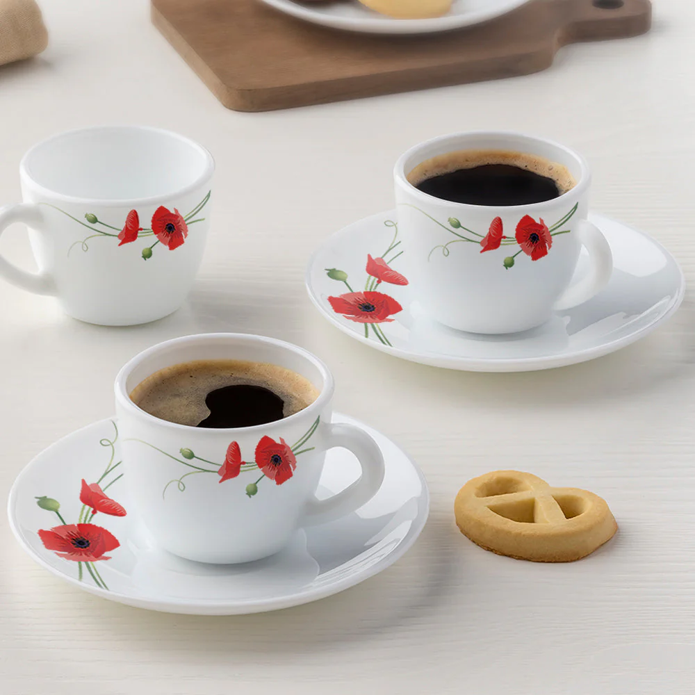 Larah by Borosil Red Carnation Cup n Saucer Set, 140ml x 8
