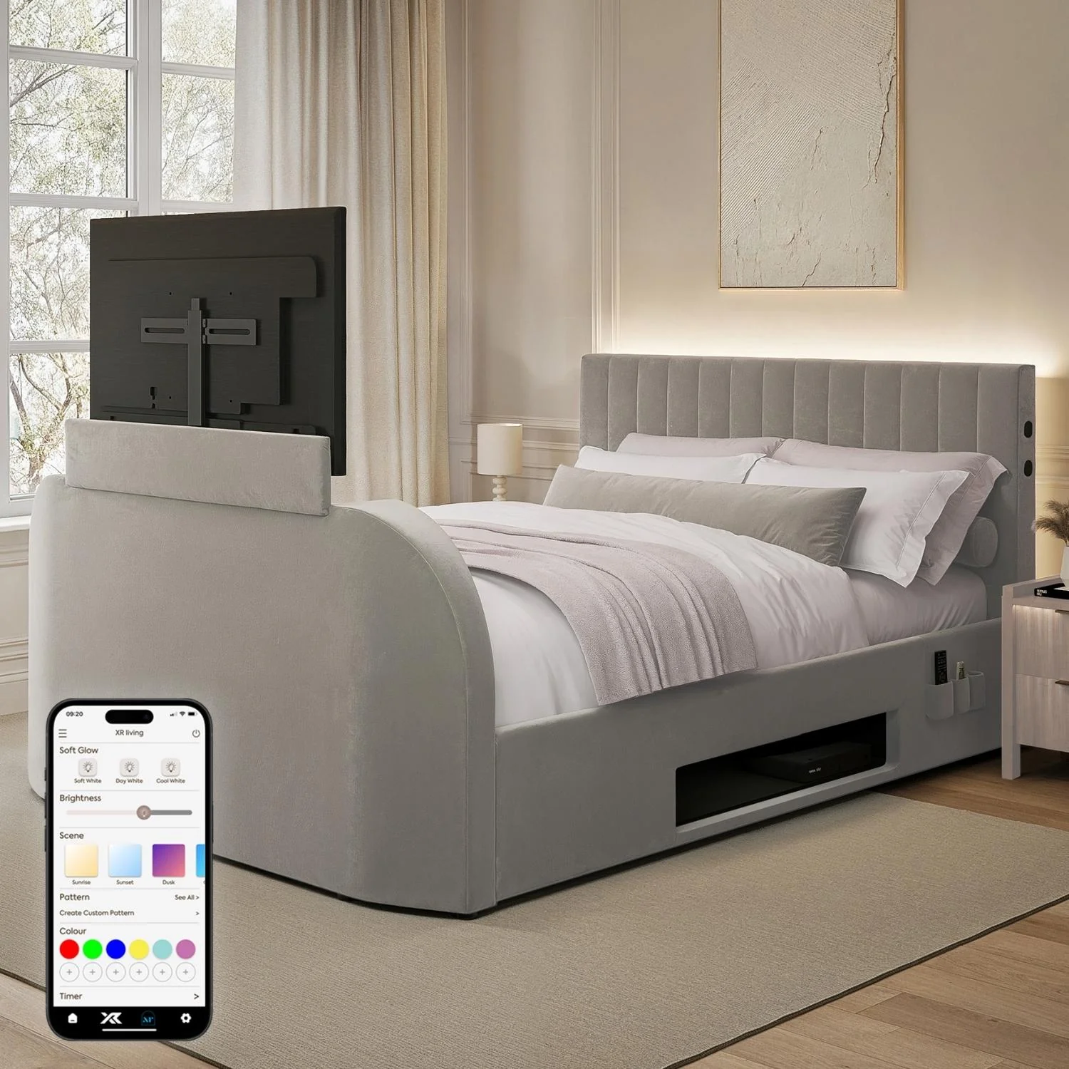 Maisie 5.1 Ottoman Bed with Electric TV Lift, True Surround Sound and App Controlled LED Lights - Grey