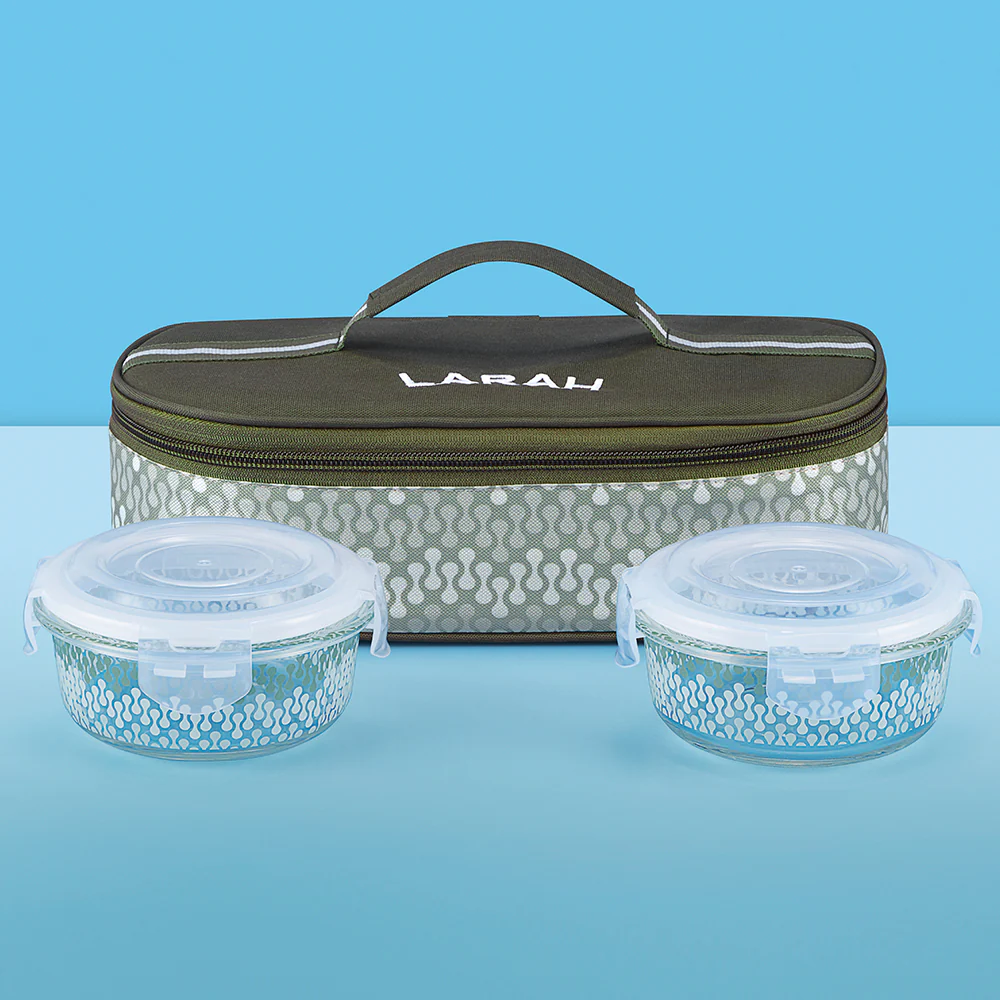 Larah Gracia Glass Lunchbox, Round x 2 (Flat), 400ml x 2