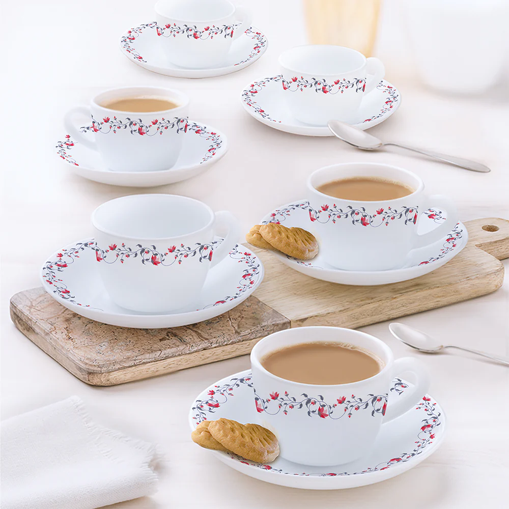 Larah by Borosil, Opalware, Microwave Safe, Pentas Cup n Saucer Set of 12, 90ml
