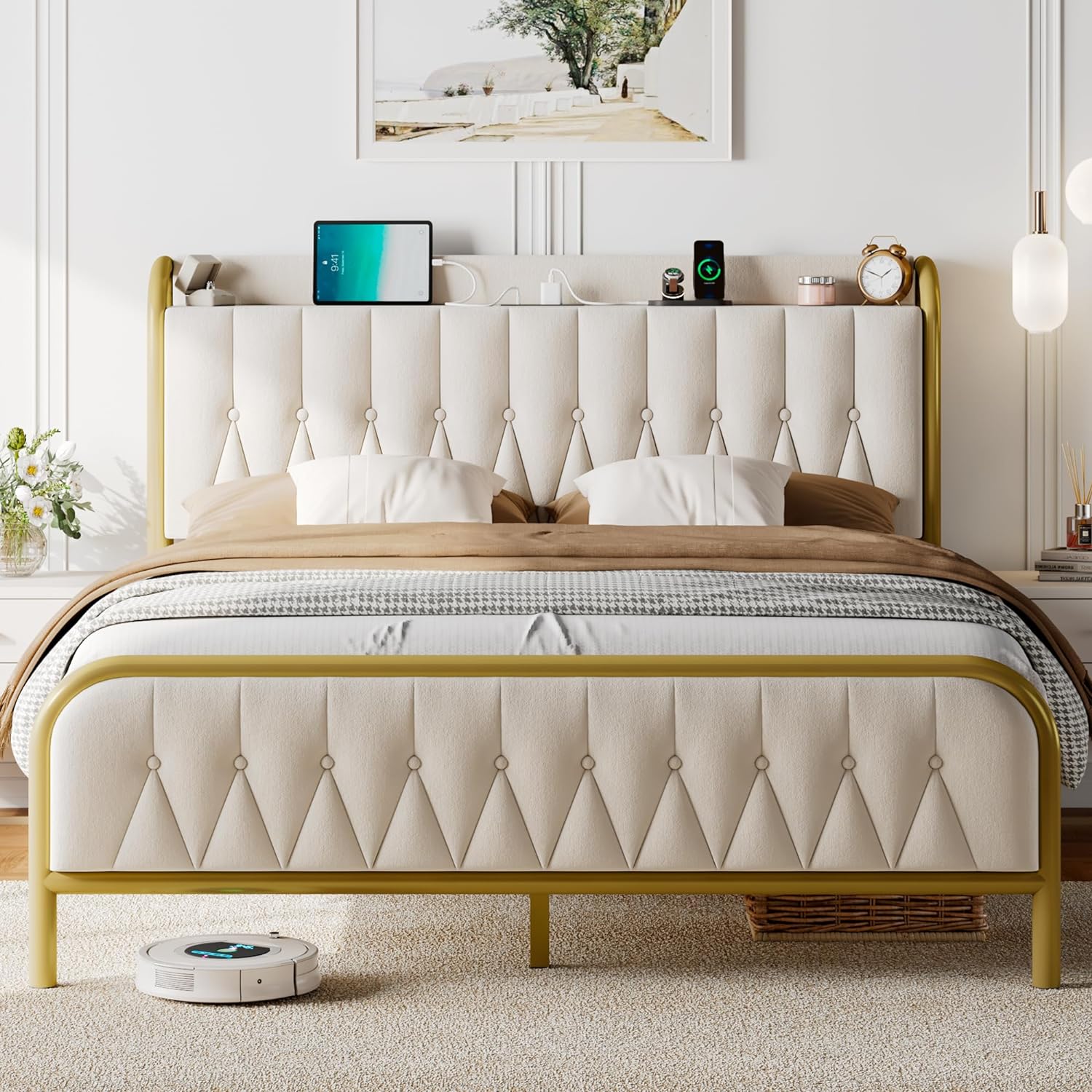 Bed Frame with Type-C & USB Port, Metal Platform Beds, with Linen Upholstered Headboard & Footboard, 12