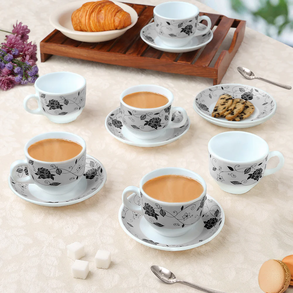 Larah by Borosil Rosa Black Cup n Saucer Set, 220ml x 12