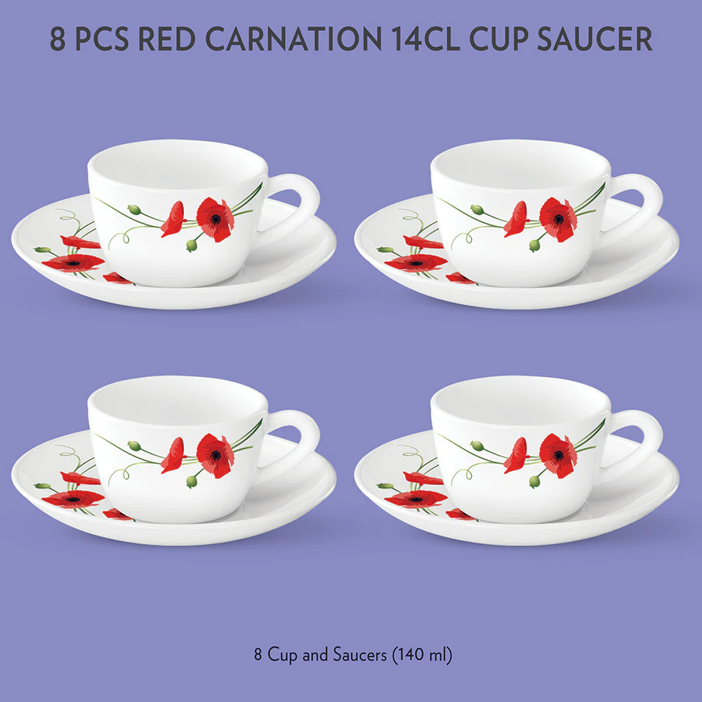 Larah by Borosil Red Carnation Cup n Saucer Set, 140ml x 12