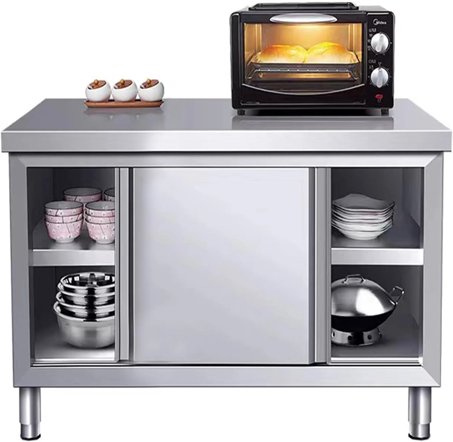 Stainless Steel Commercial Worktable w/Sliding Doors for Prep & Work, 39.3