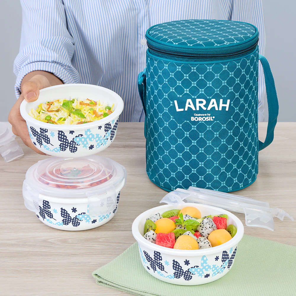 Larah by Borosil Veera Blue Lunchbox, Set of 3, Teal, 400ml