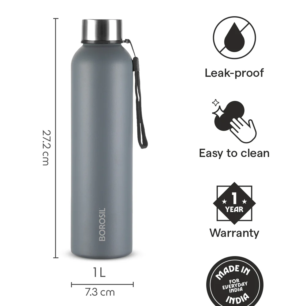 Borosil Laguna SS Bottle, Grey, 1 L