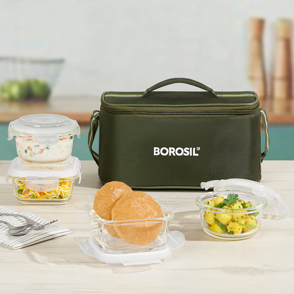 Borosil Eateasy Universal Glass Lunchbox, 320ml x 2 + 240ml x 2