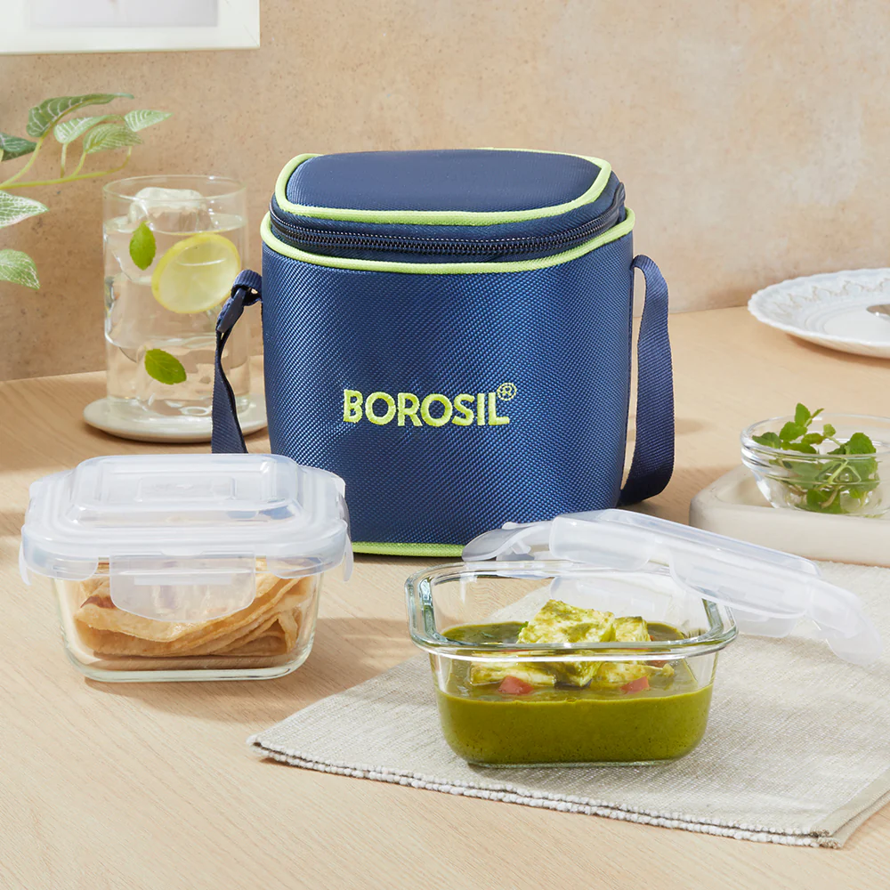 Borosil Blue Glass Lunchbox, Square x 2 (Tall), 320ml x 2