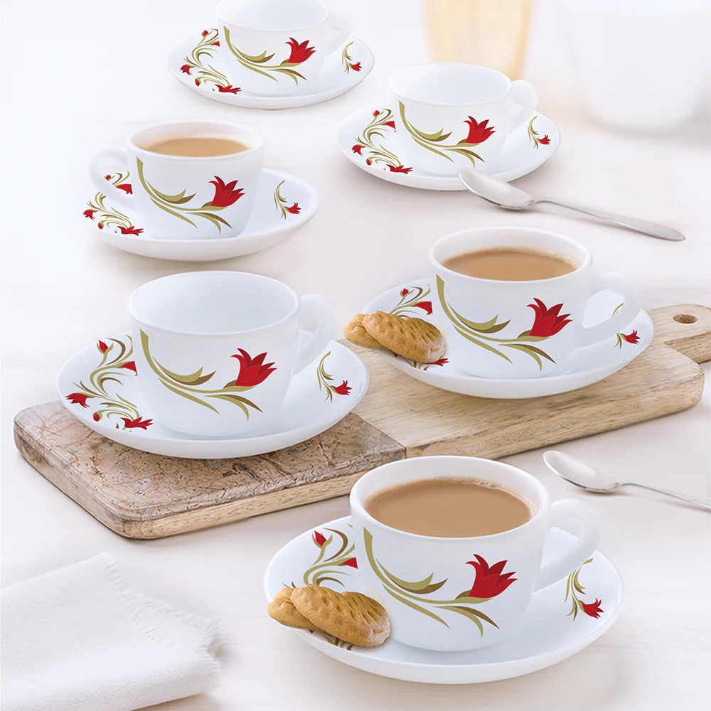 Larah by Borosil Red Lily Cup n Saucer Set, 90ml x 12