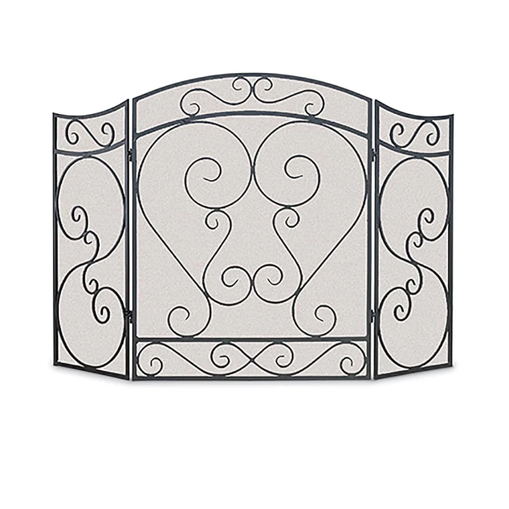 Country Scroll 3 Panel Folding Fireplace Screen, Black