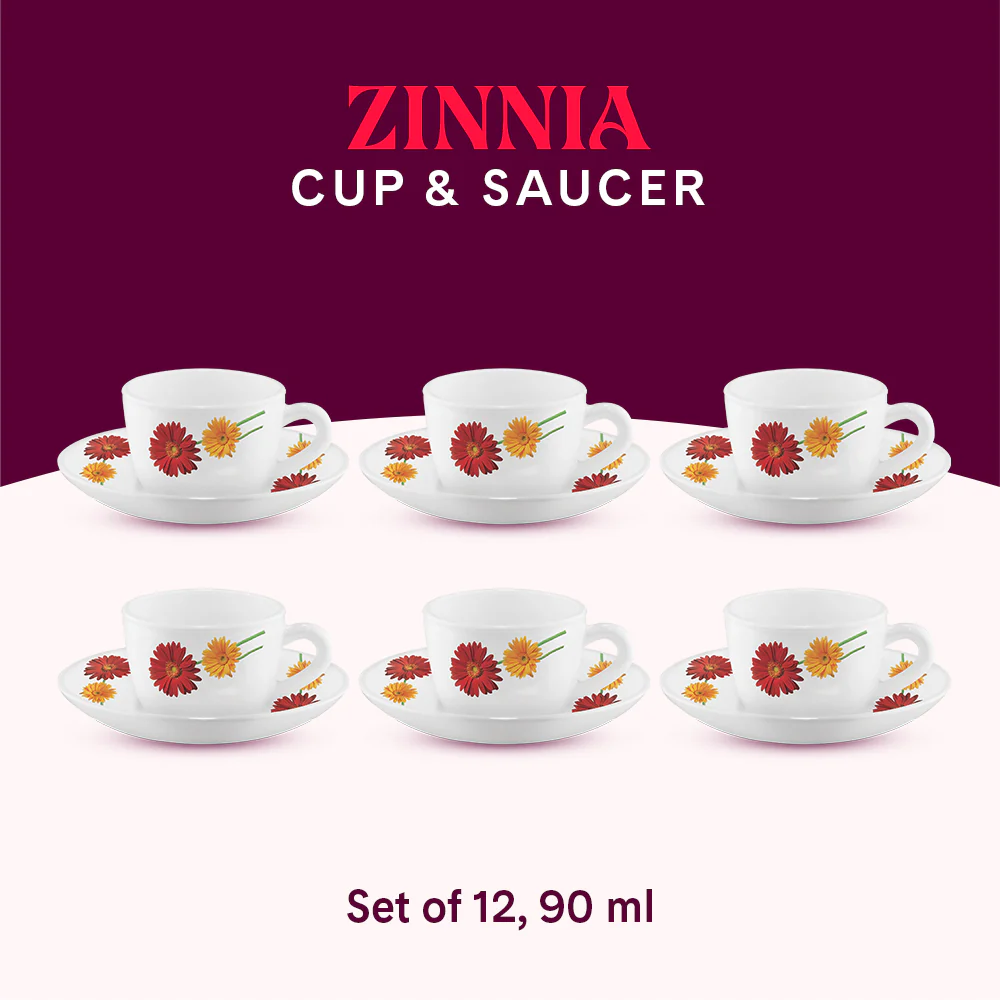 Larah by Borosil Zinnia Cup n Saucer Set, 90ml x 12