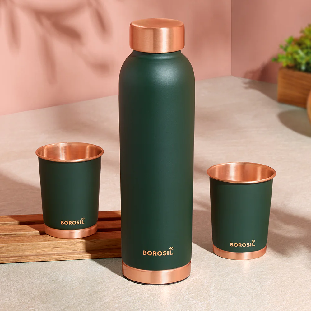Borosil ECO Colour Copper Bottle & Glass Set, Green