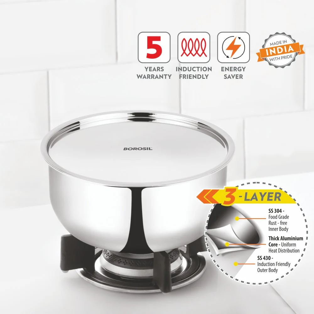 Borosil Cookfresh SS Triply Tope w Lid, 1.2L