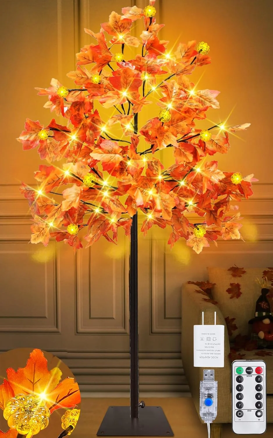 Prelit Fall Maple Tree with 108 Warm White LEDs & 12 Pumpkin Lights – 8 Modes for Indoor/Outdoor Thanksgiving Decor