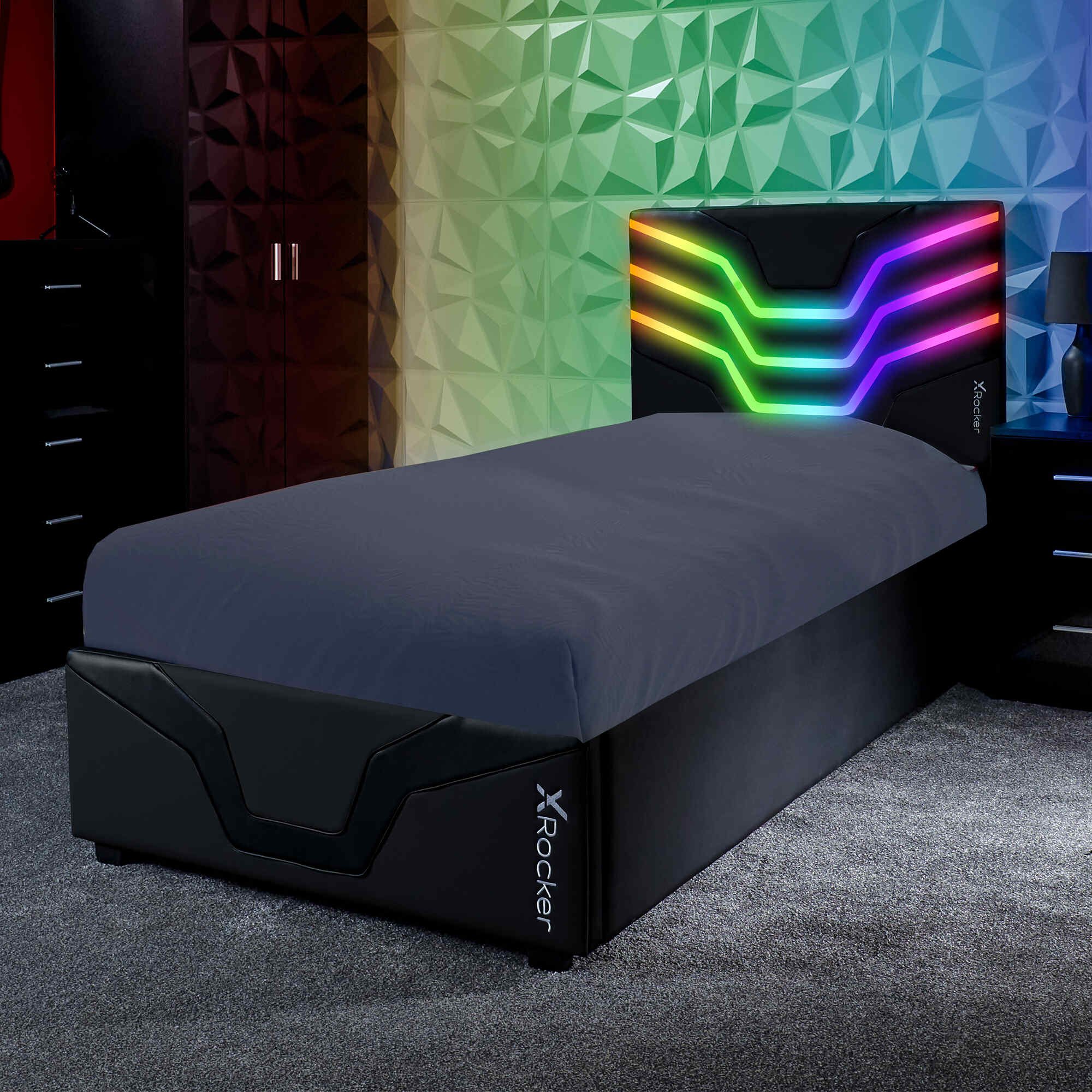 Cosmos LED Single Ottoman Gaming Bed - Black RGB