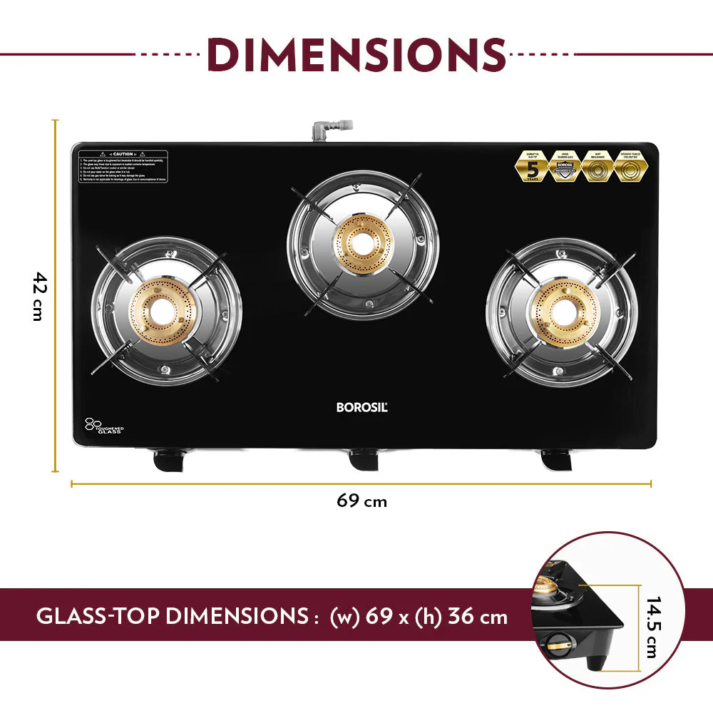 Borosil Flare Glasstop Gas stove, 3 Burners, 3burners(2large&1small)