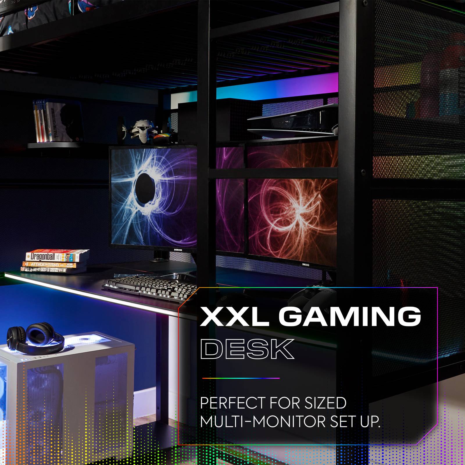 Battlebunk RGB LED High Sleeper Gaming Bunk Bed with Desk - Black