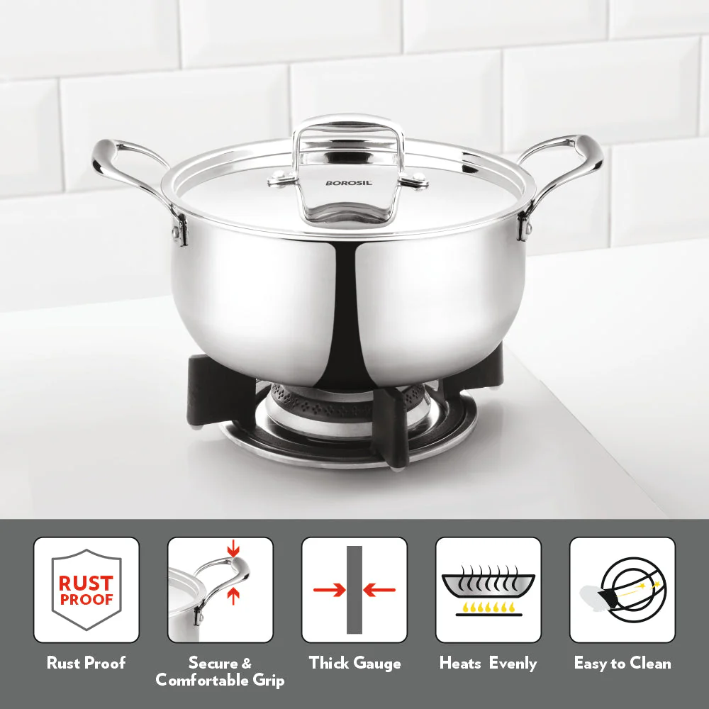 Borosil Cookfresh Triply Casserole (Steel Handle + Lid), 2.1L