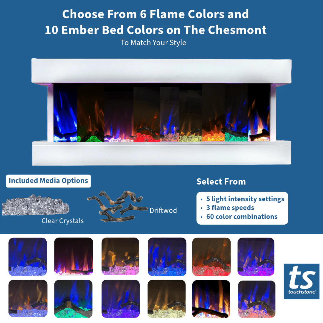 Chesmont White 50 Inch 80033 Wall Mount 3-Sided Smart Floating Electric Fireplace (Alexa/Google Compatible)