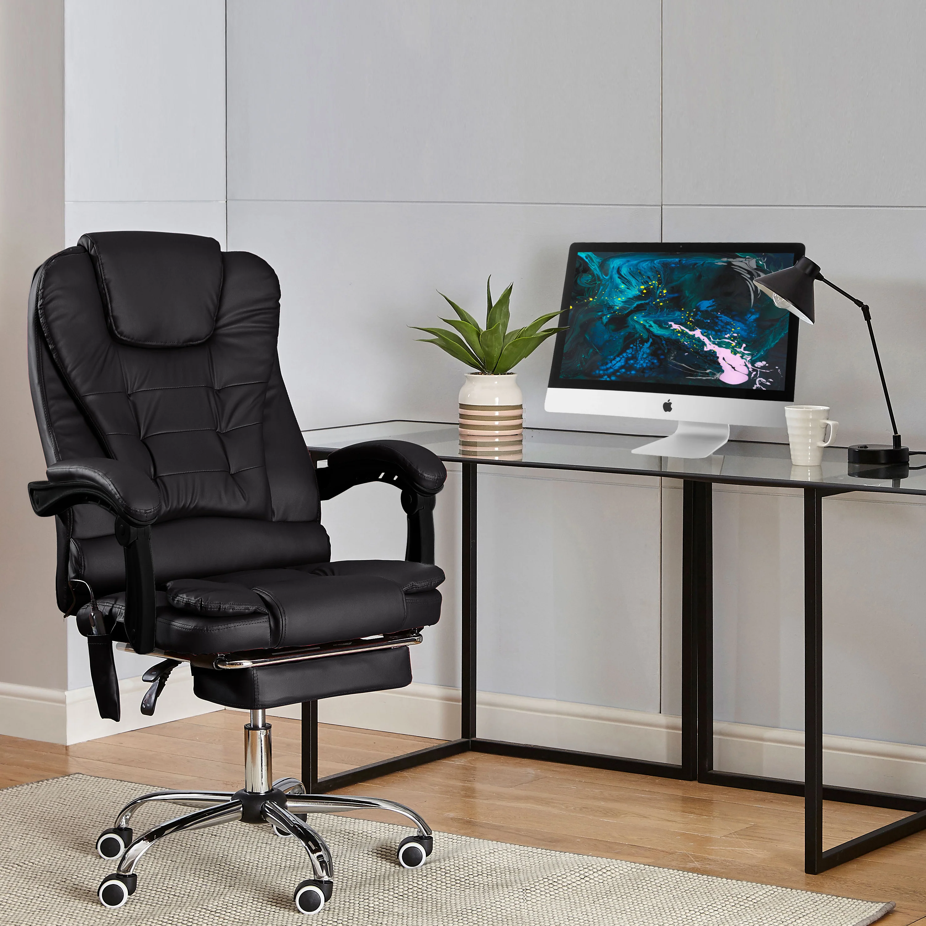 Neo Office Chair Black Faux Leather With Footrest & Massage Function Steel Frame