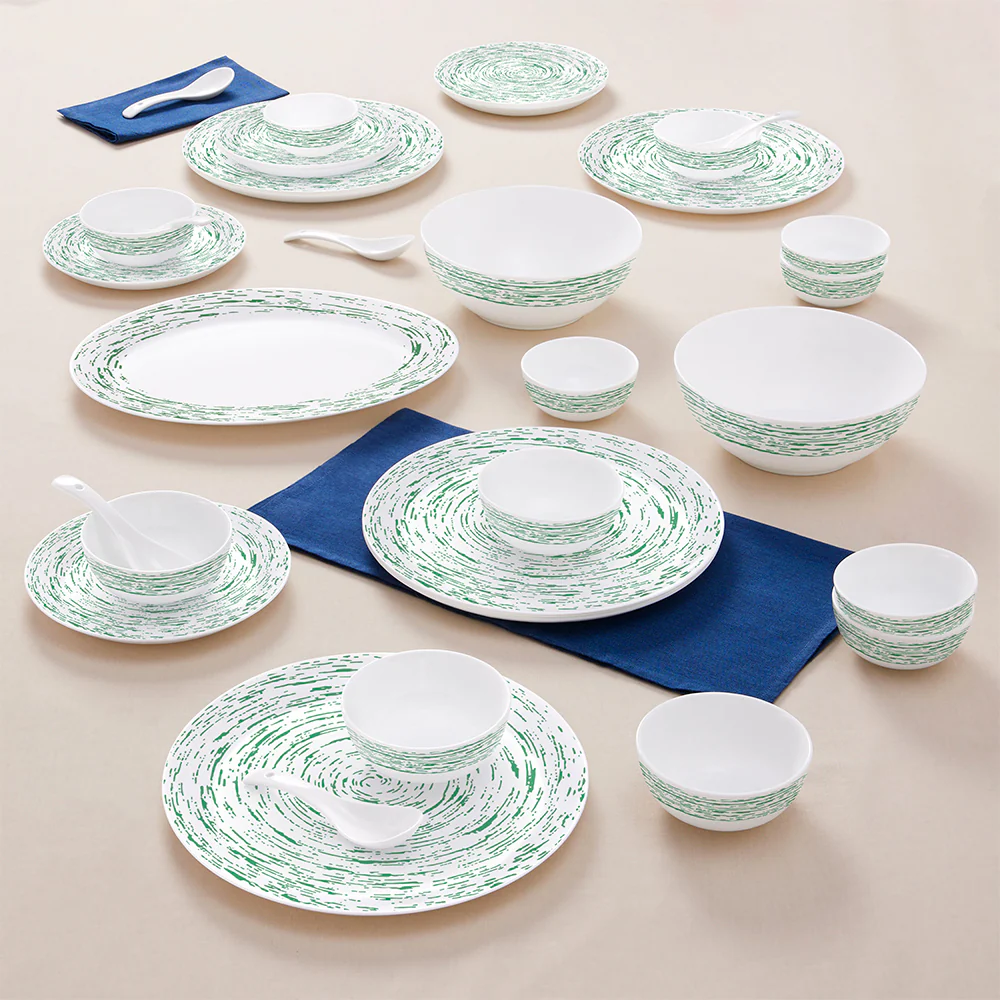 Larah by Borosil, Opalware, Microwave Safe, Green Nova Dinner Set, 33 pc