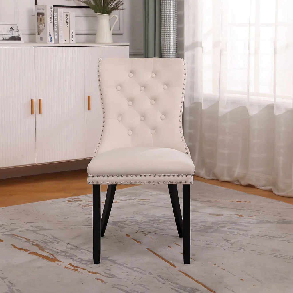 Neo Set Of Two Studded Natural Velvet Dining Chairs with Ring Knocker Detail