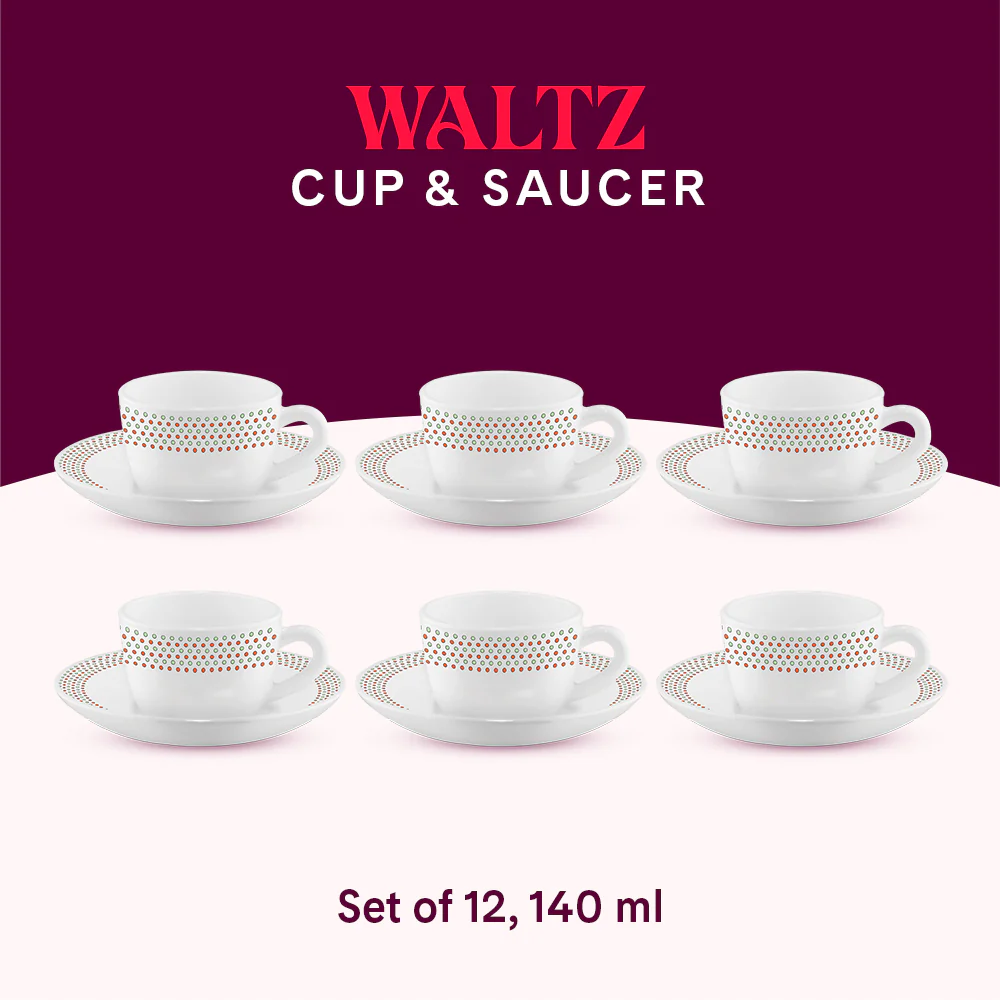 Larah by Borosil Waltz Cup n Saucer Set, 140ml x 12