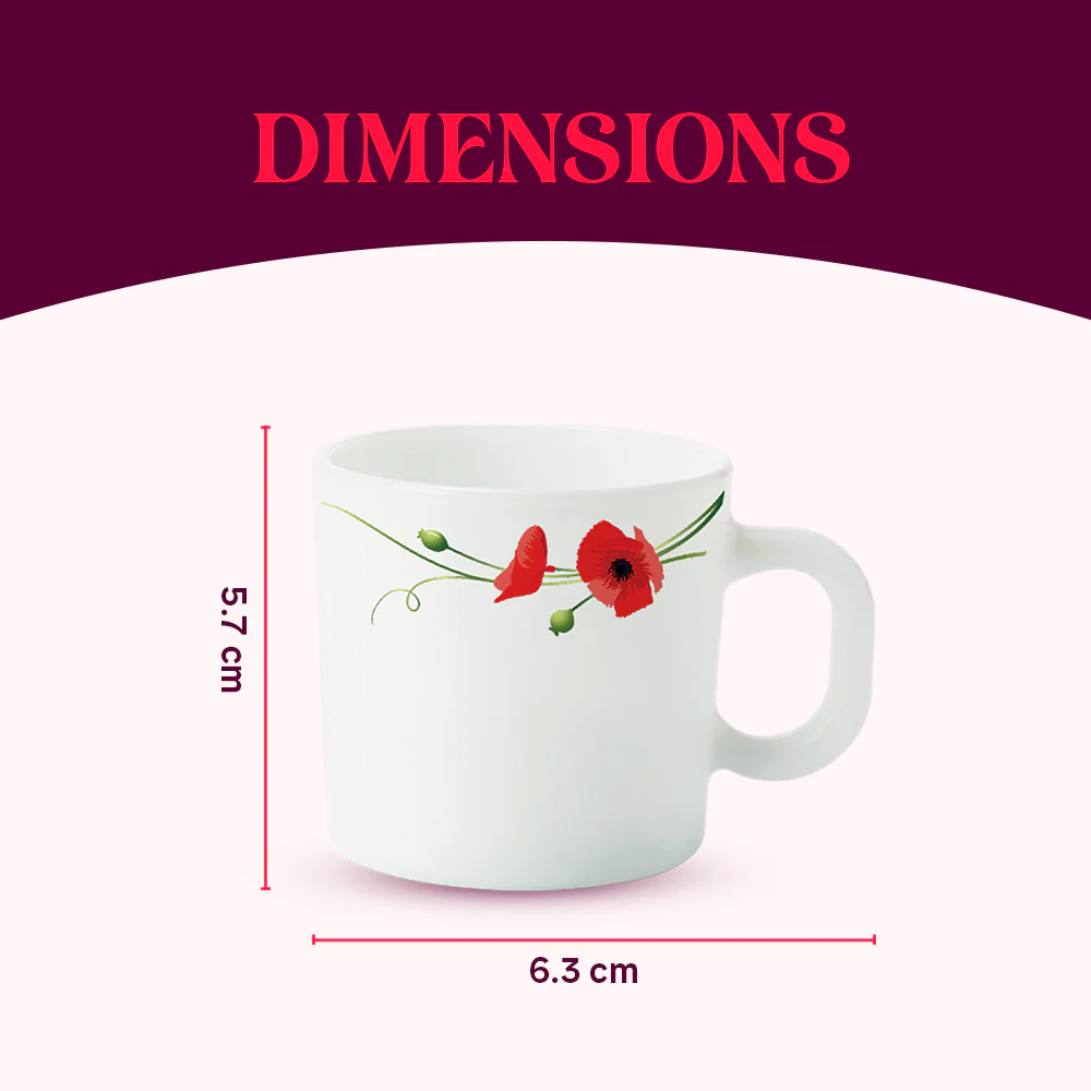 Larah by Borosil Red Carnation Mug Set, 100ml x 6