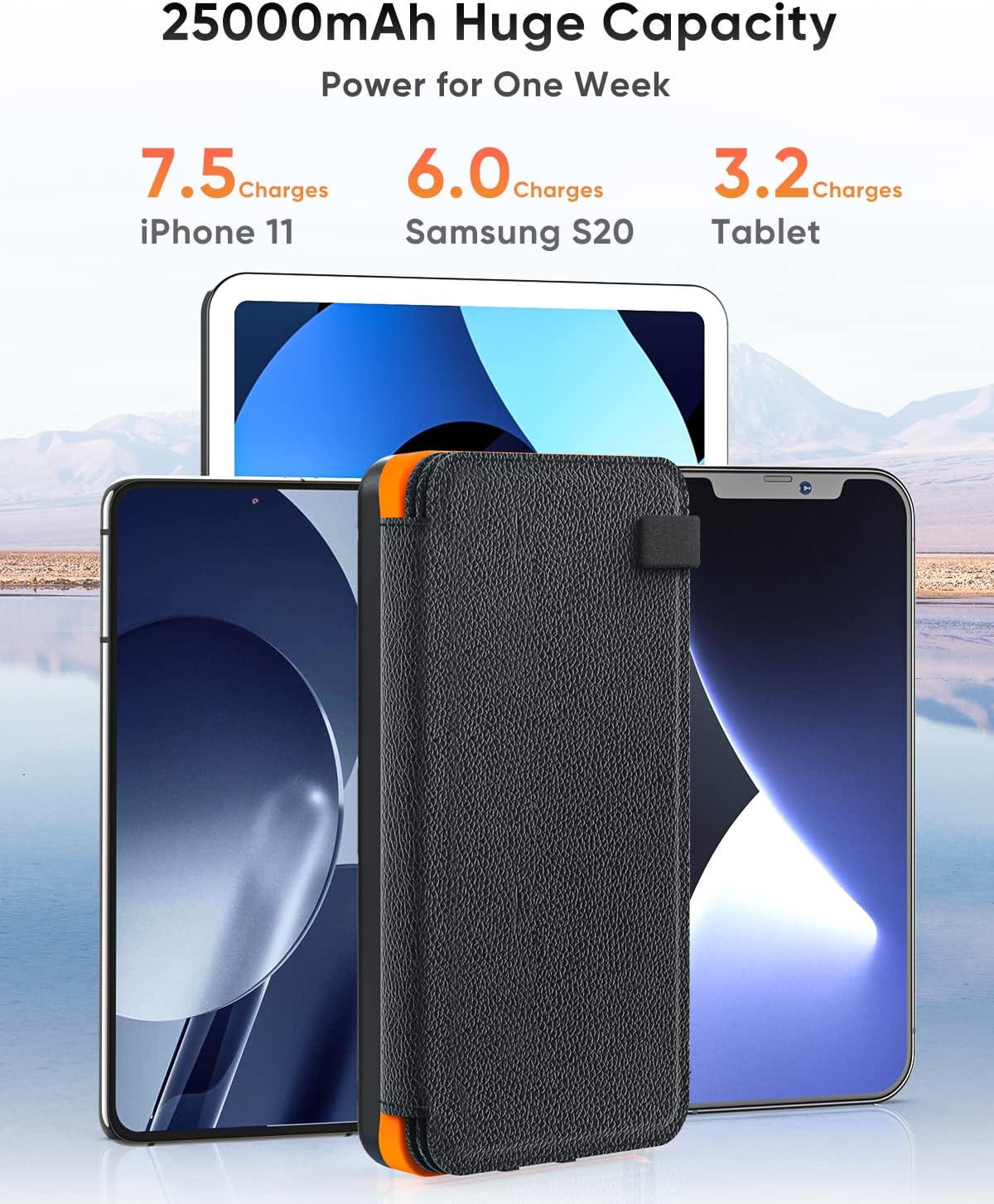 Solar Charger 25000mAh, Power Bank with 4 Solar Panels, Fast Charge External Battery Pack with Dual 2.1A Output USB Compatible with Smartphones