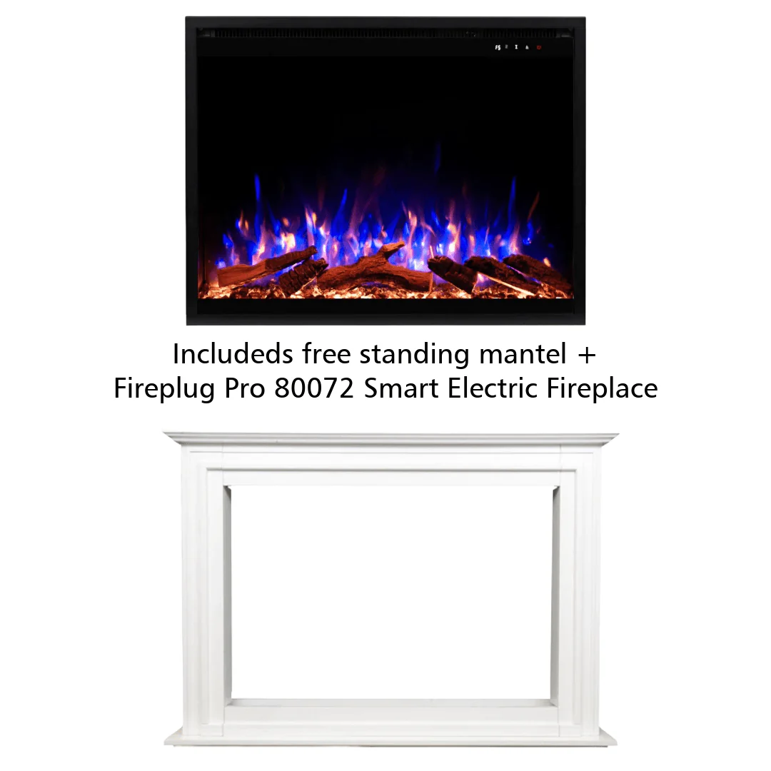 Fireplug Pro 33 Inch Smart Electric Fireplace with White Encase Surround Mantel