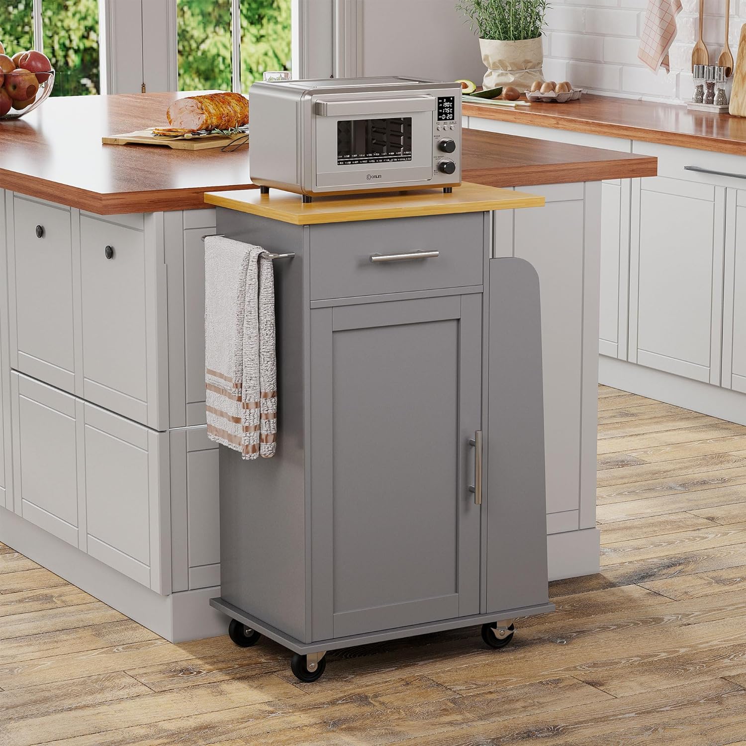 Small Kitchen Island on Wheels with 3-Tier Side Spice Rack and Rubber Wood Top