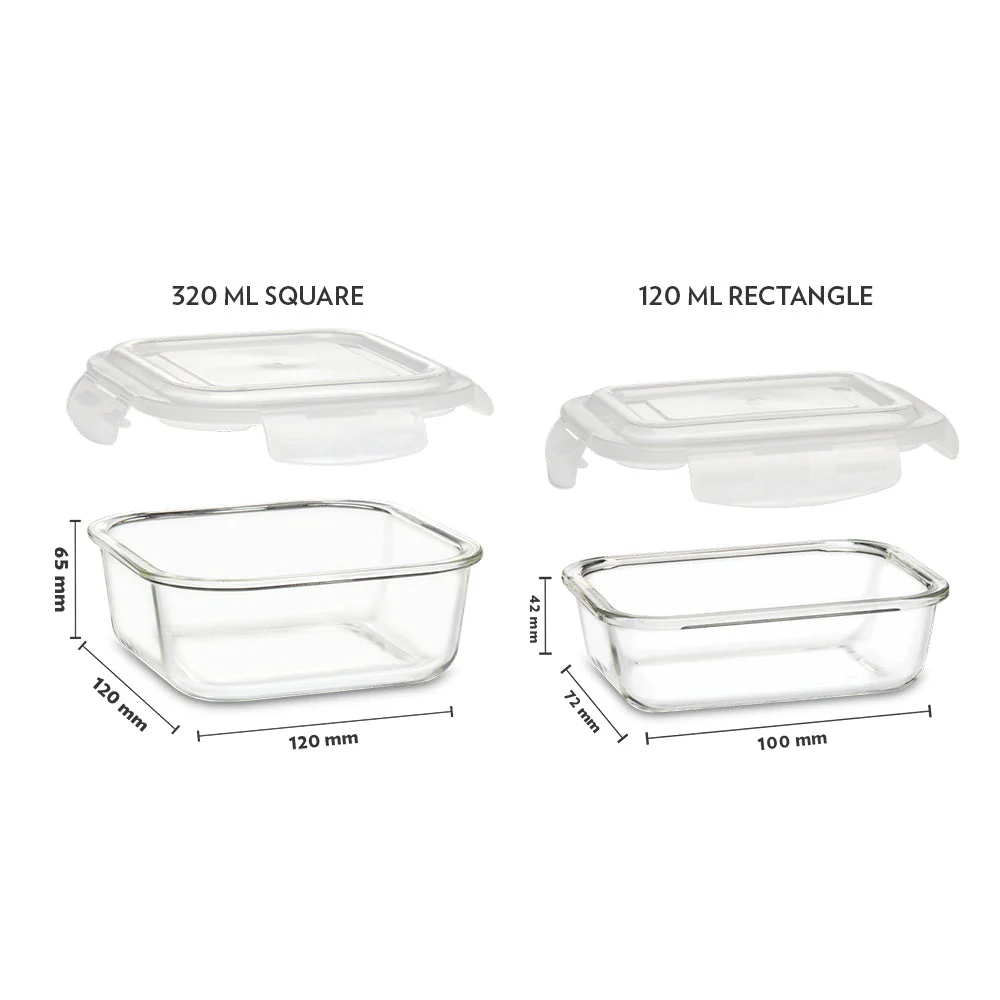 Borosil Glass Lunchbox, Square + Rectangular, 320ml x 3 (+) 120ml