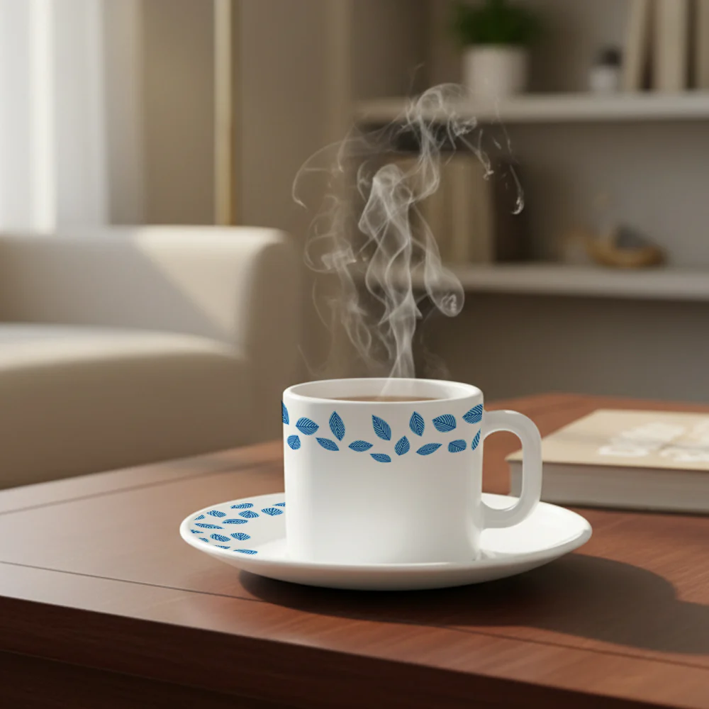 Larah By Borosil Blue Leaves Mug n Saucer Set