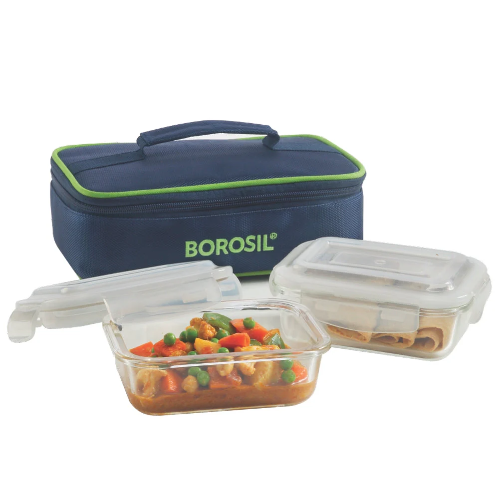 Borosil Blue Glass Lunchbox, Rectangular, 370ml + 370ml