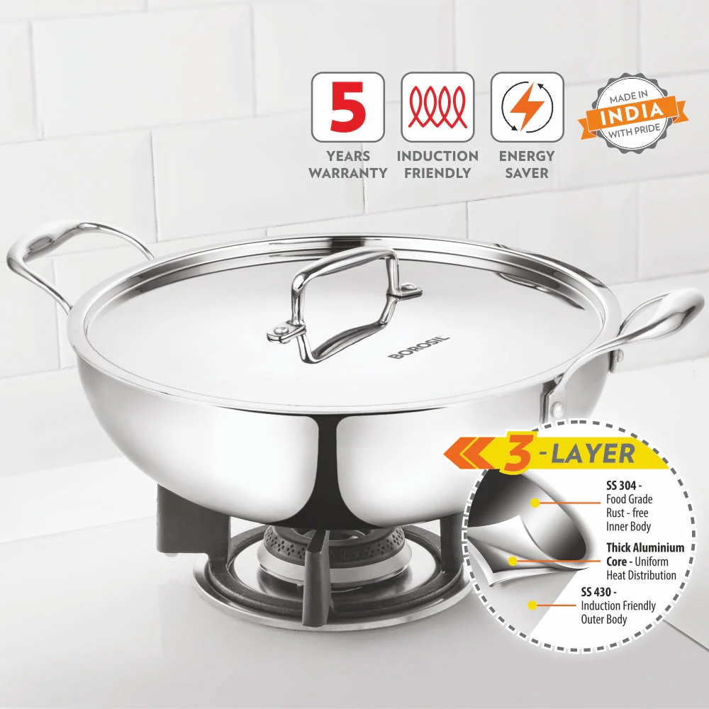 Borosil Cookfresh Triply Kadhai (SS Handle + Lid), 3.6L