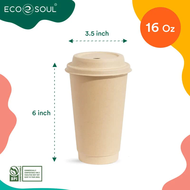 16oz Hot Cups with Compostable Lids 500 Count, Plant-Based Disposable Bagasse Paper Cups Eco-friendly Sturdy, Microwave & Oven Safe