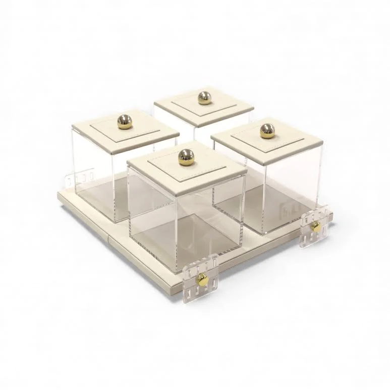 4 Piece Leather Canister Set Cream