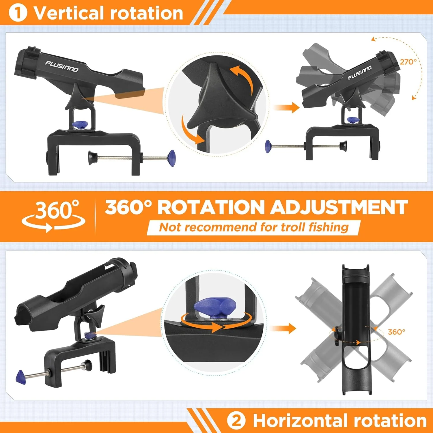 Fishing Boat Rods Holder Large Clamp Opening 360 Degree Adjustable